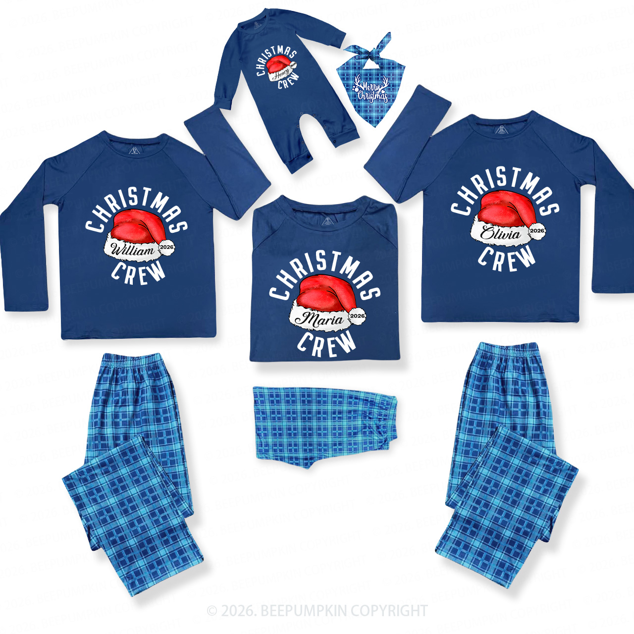 2026 Christmas Crew Santa Hat Family Matching Blue Pajamas Beepumpkin