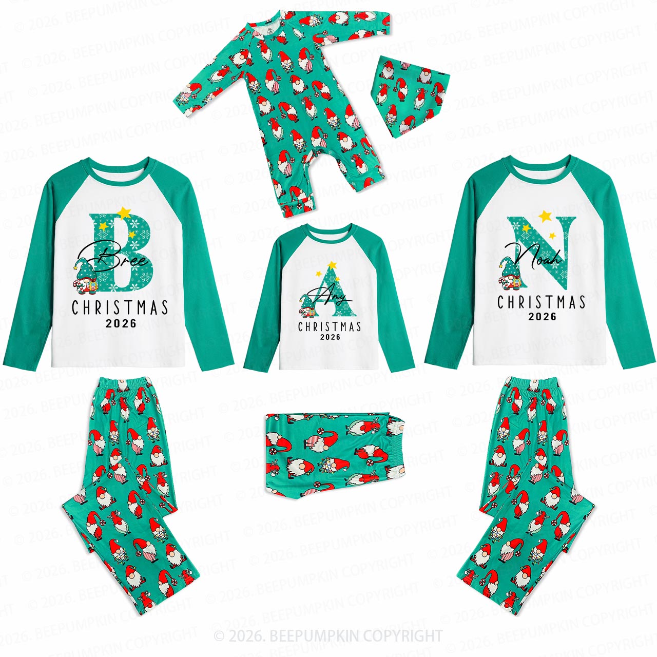 Personalized Monogrammed 2026 Family Matching Christmas Gnomes Pajamas Beepumpkin