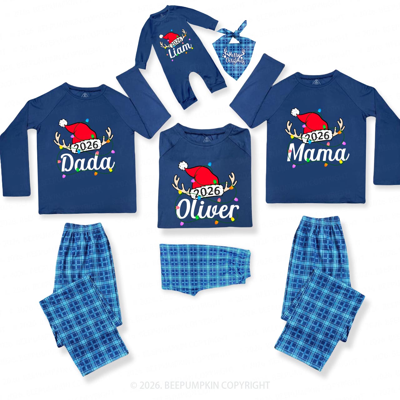 Personalized Jolly Antlers & Lights 2026 Matching Blue Pajamas Beepumpkin