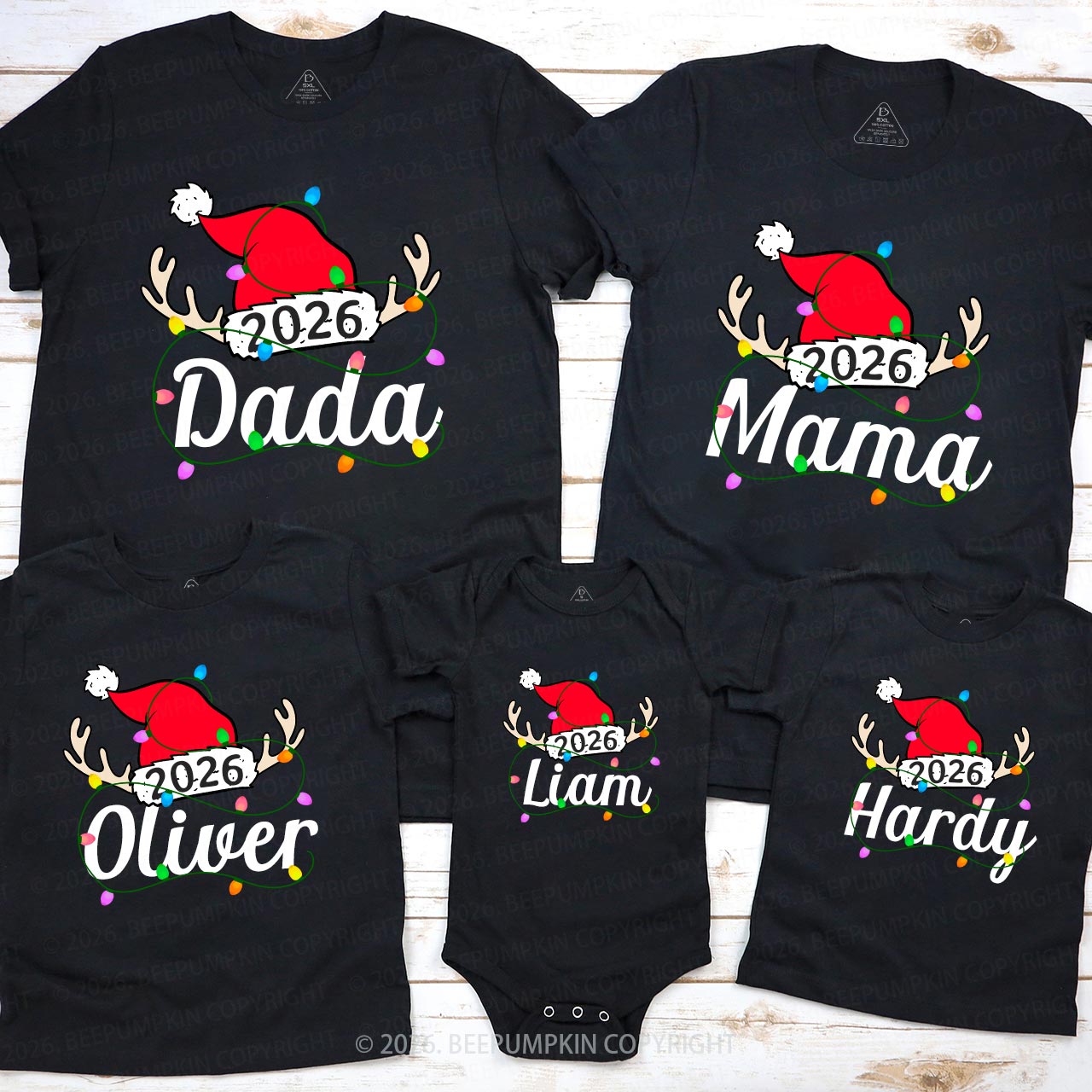 Personalized Jolly Antlers & Lights 2026 Family Matching T-Shirts Beepumpkin