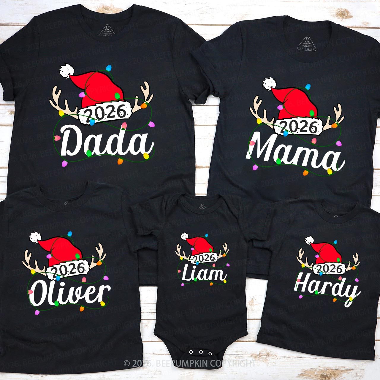 Personalized Jolly Antlers & Lights 2026 Family Matching T-Shirts Beepumpkin