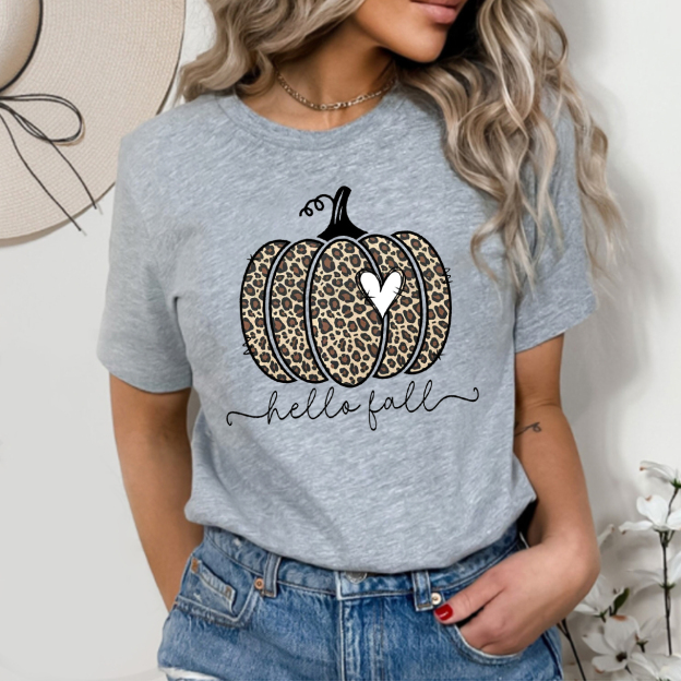  Hello Fall Leopard Print Pumpkin Shirt For Her