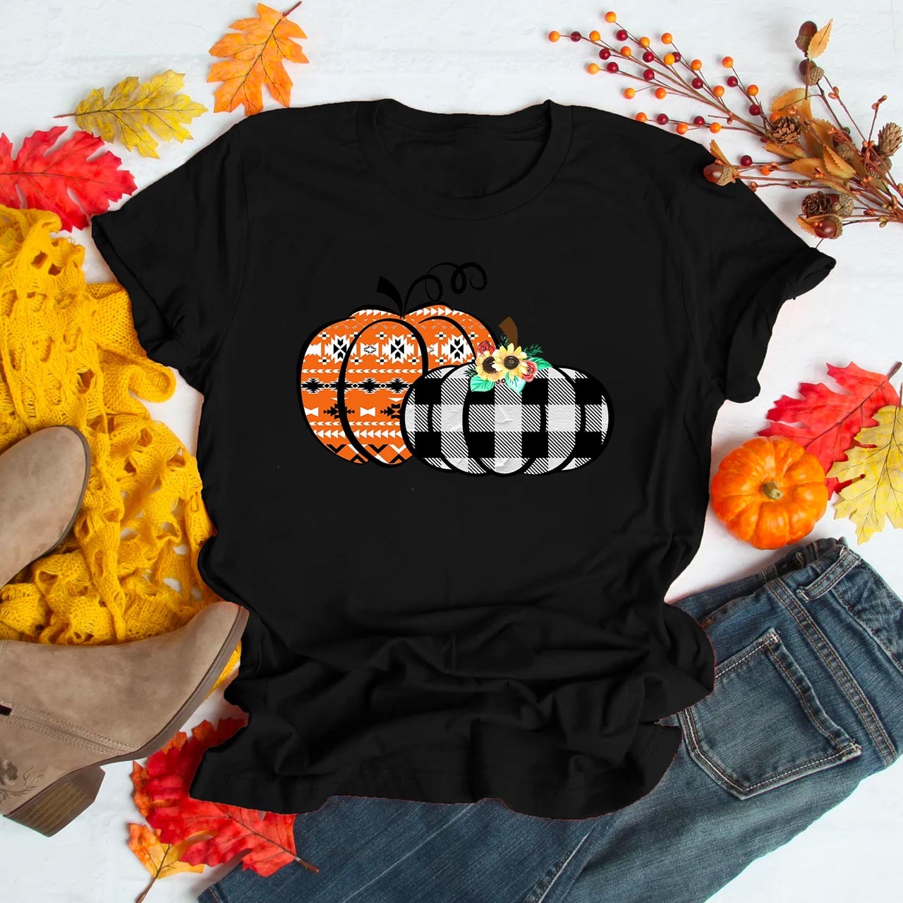 Cute Buffalo Plaid And Aztec Pumpkins Fall Tees