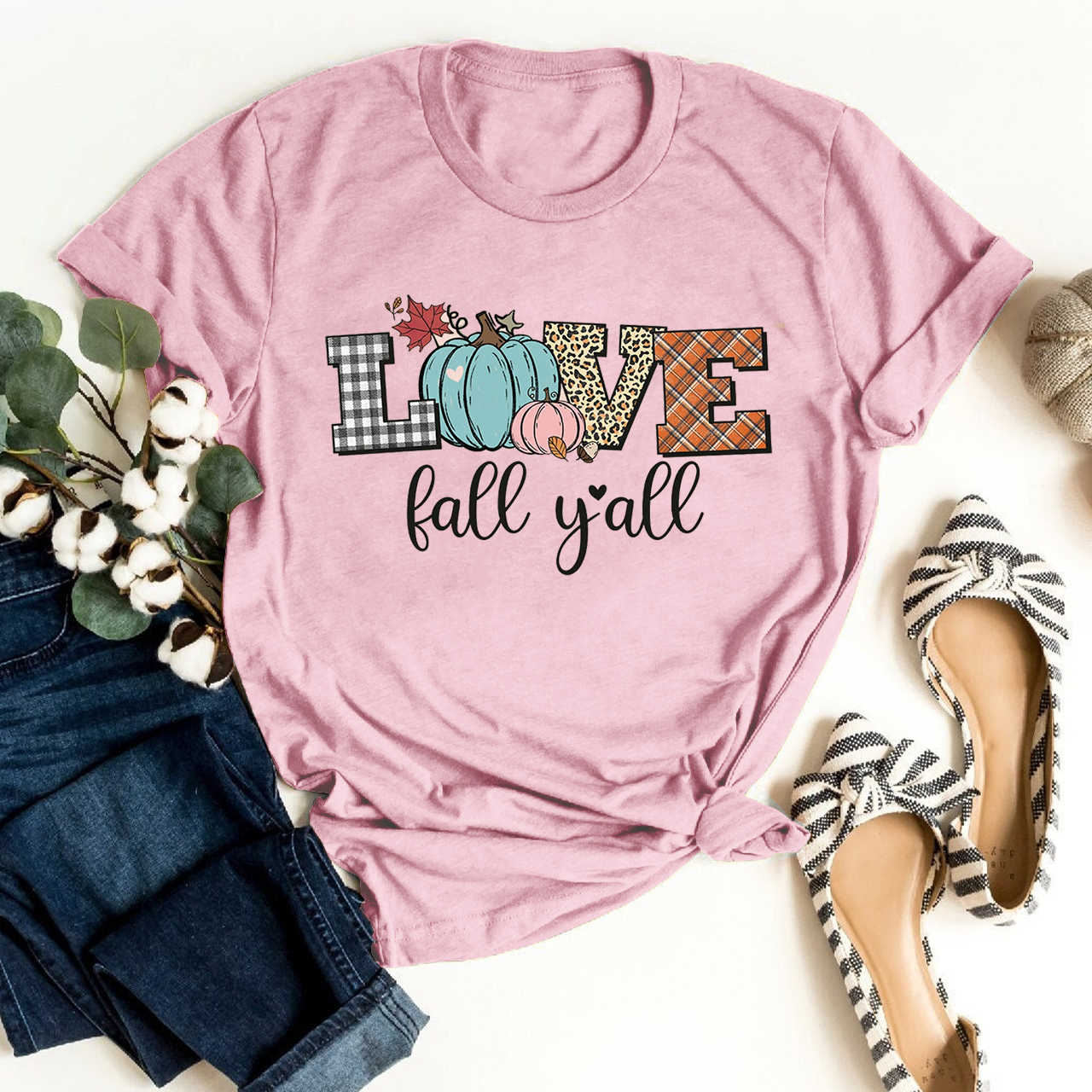 Love Fall Yall Leopard Print Fall Plaid Pumpkin Shirt 