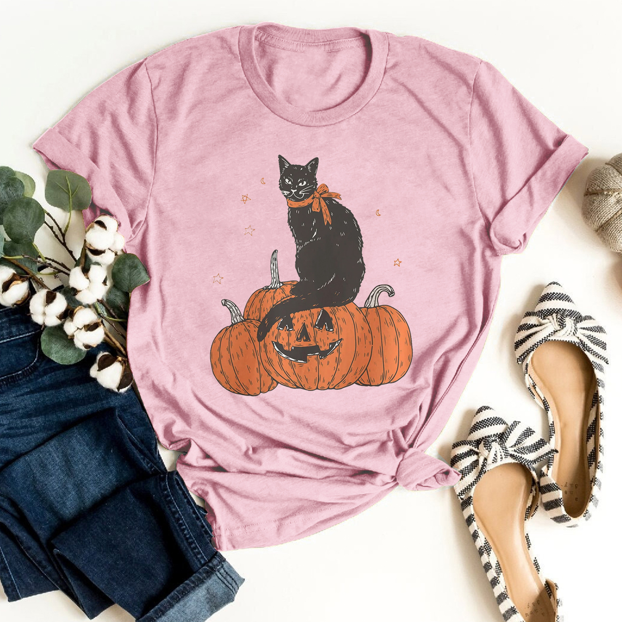 Black Cat on Pumpkin Shirt For Her