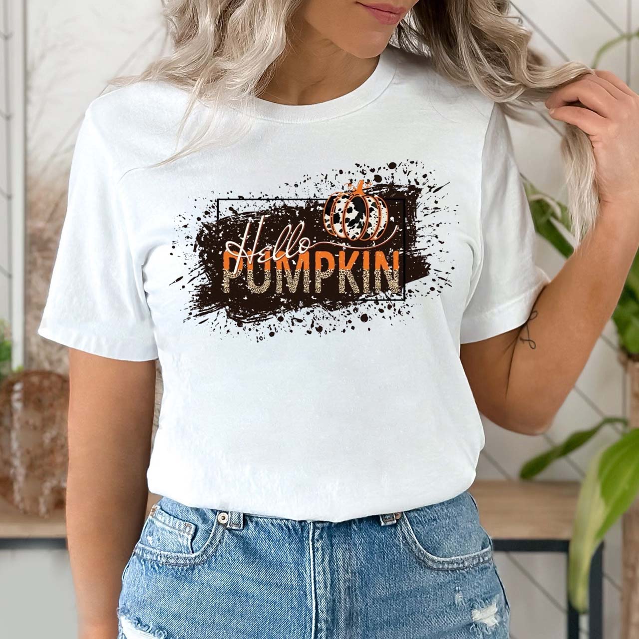  Hello Splatter Paint  Pumpkin Shirt For Her