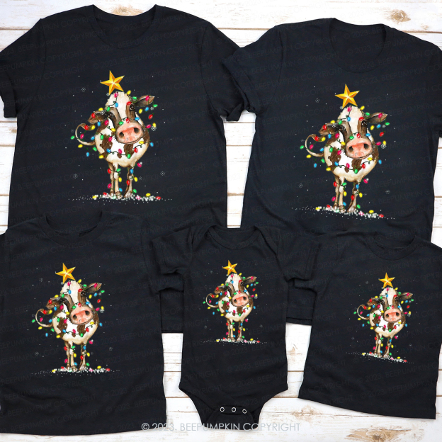 Cute Cow Funny Lights Christmas Family Shirts