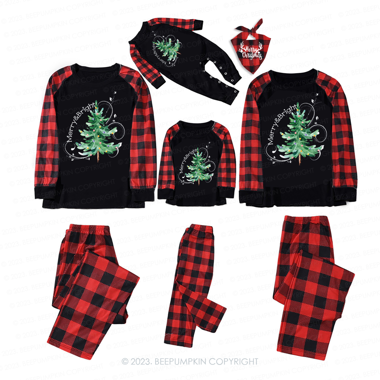 Merry and Bright Christmas Holiday Tree Family Matching Pajamas Beepumpkin