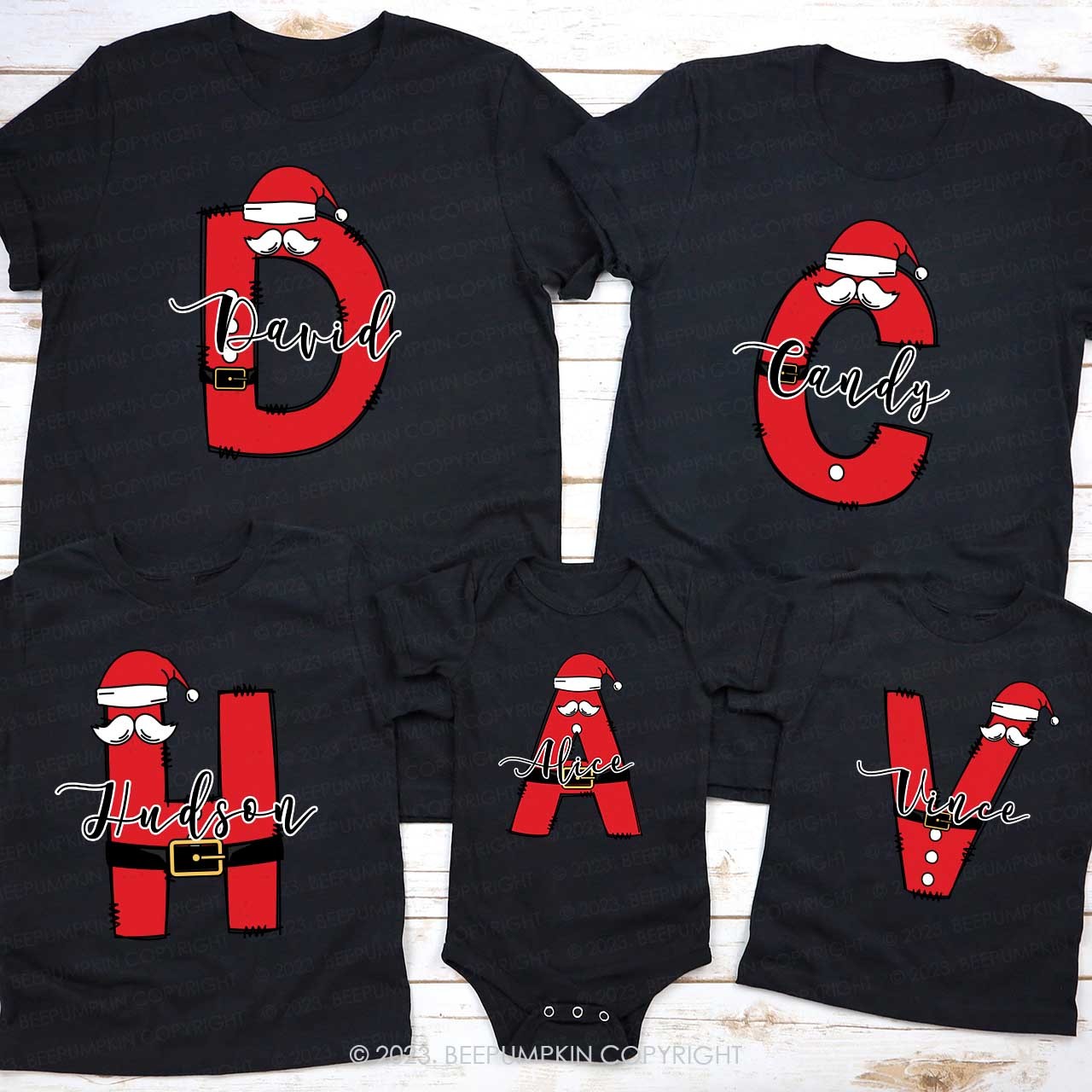 Santa Hat Christmas Monogram Family Matching Shirts Beepumpkin