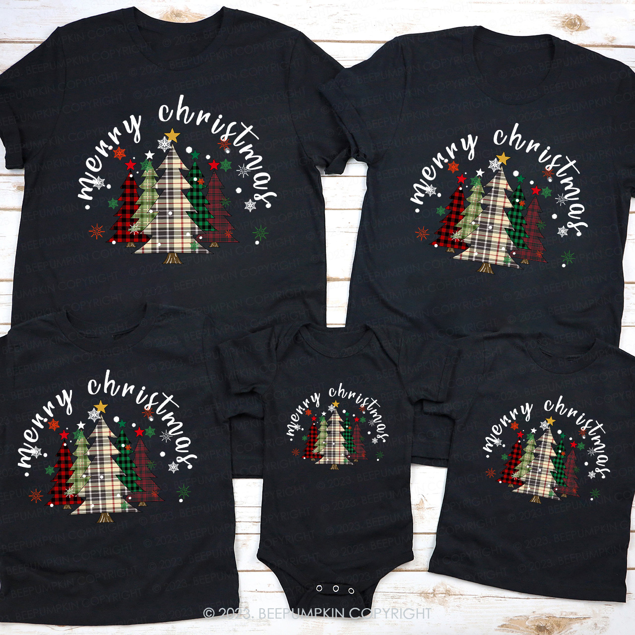 Merry Merry Christmas Plaid Tree Family Matching Tees Beepumpkin