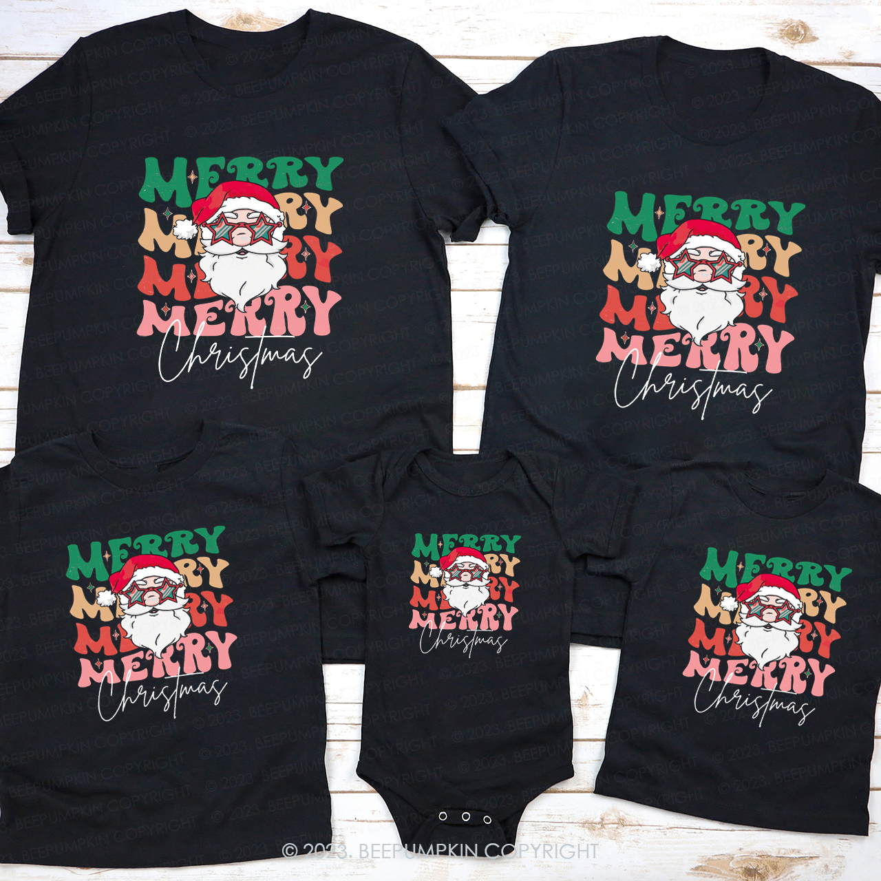 Santa Merry Merry Merry Christmas Family Matching Tees Beepumpkin