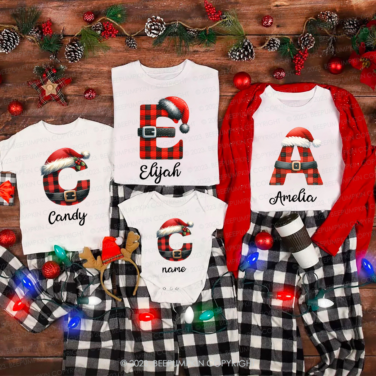Personalized Reindeer Santa Claus Christmas Plaid Letters T-Shirts Beepumpkin