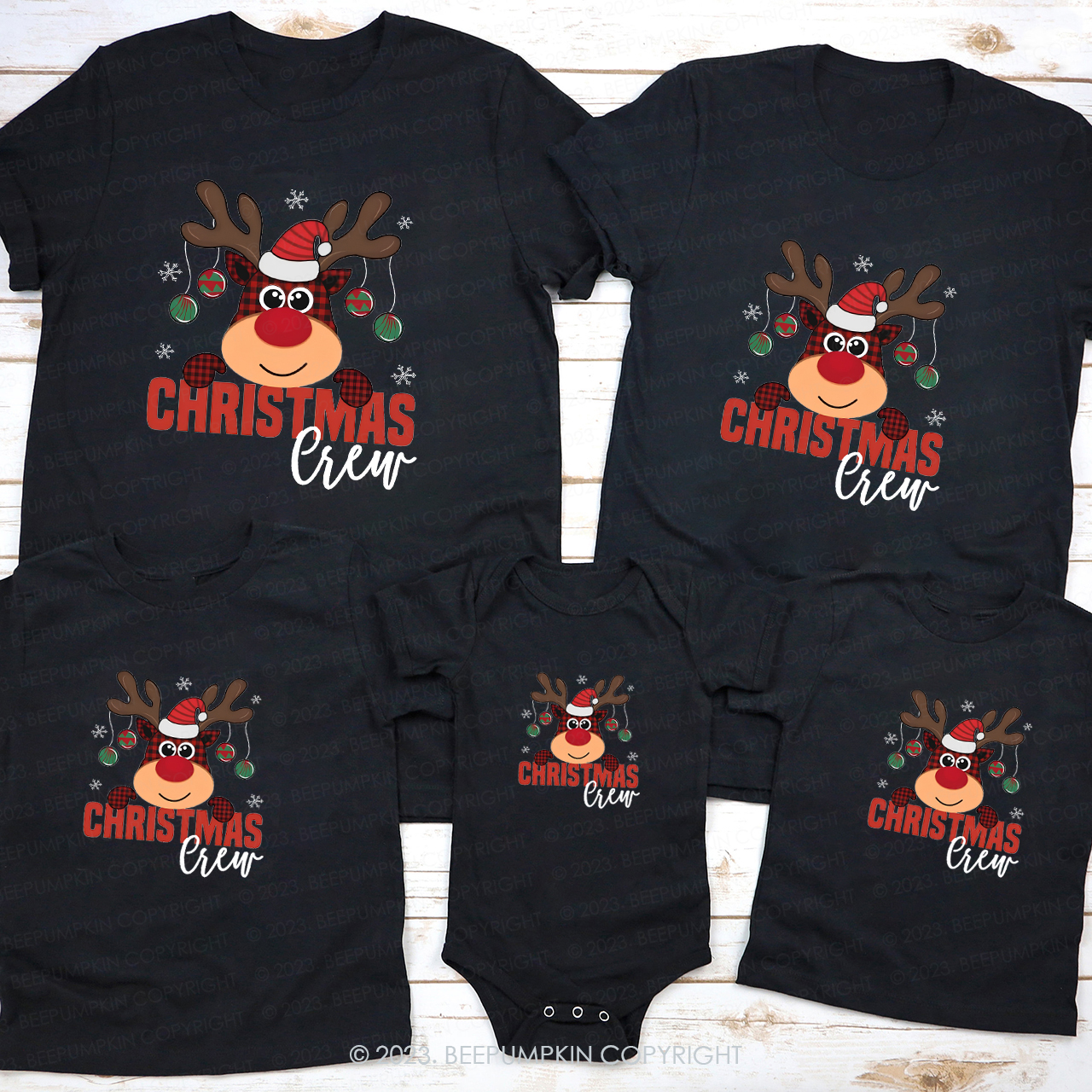 Cute Plaid Elk Christmas Crew Family Matching T-Shirts Beepumpkin