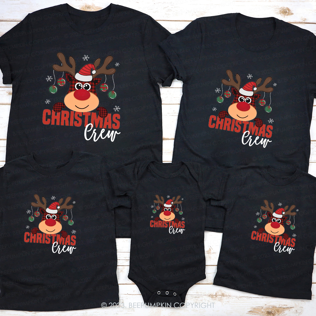 Cute Plaid Elk Christmas Crew Family Matching T-Shirts Beepumpkin