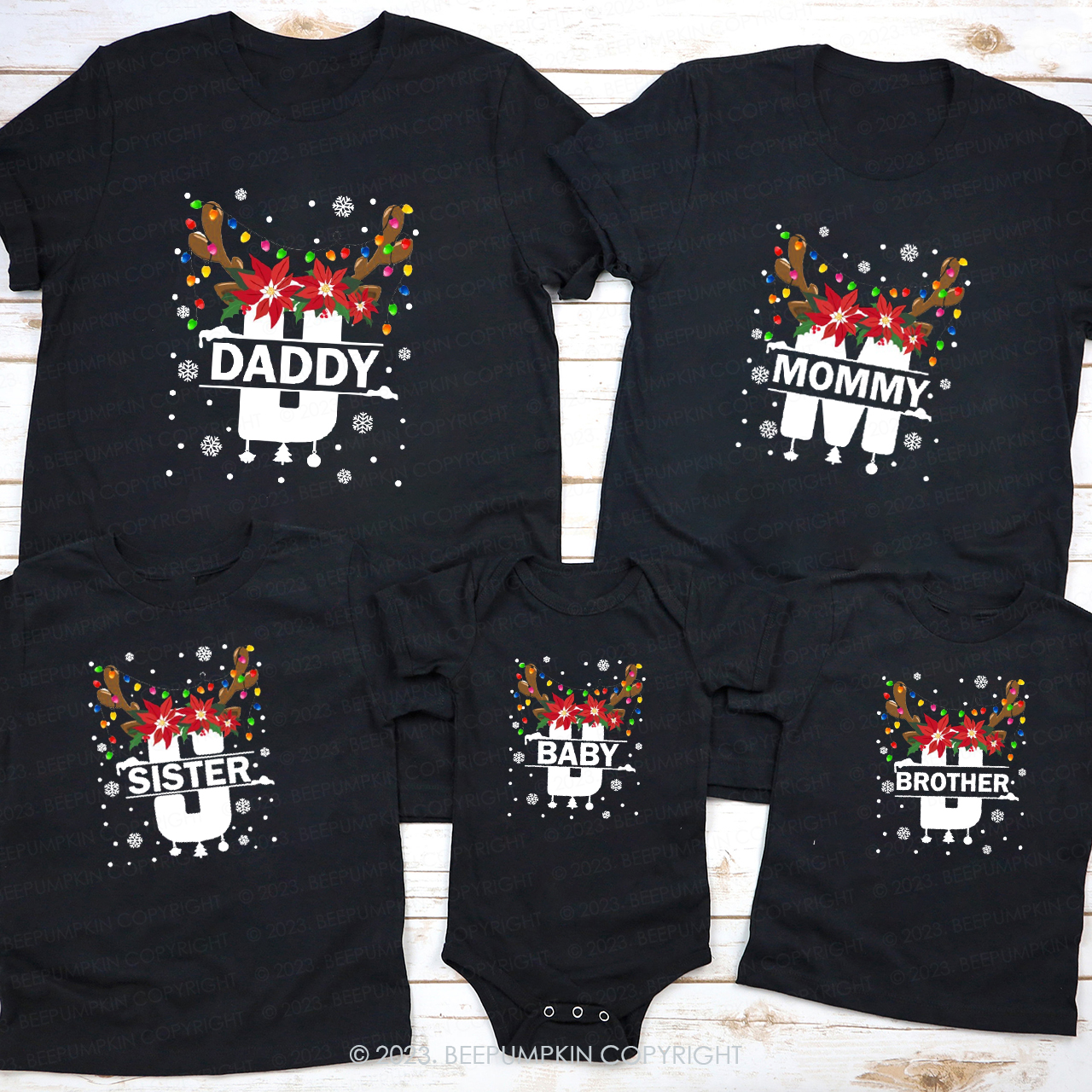 Monogrammed Full of Christmas lights Antler Matching Family T-shirts Beepumpkin