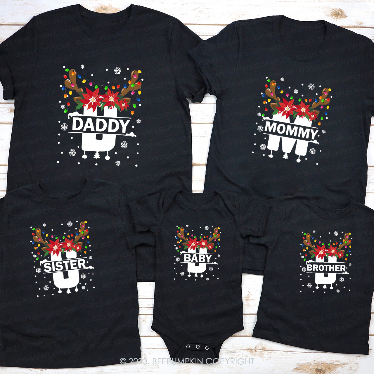 Monogrammed Full of Christmas lights Antler Matching Family T-shirts Beepumpkin
