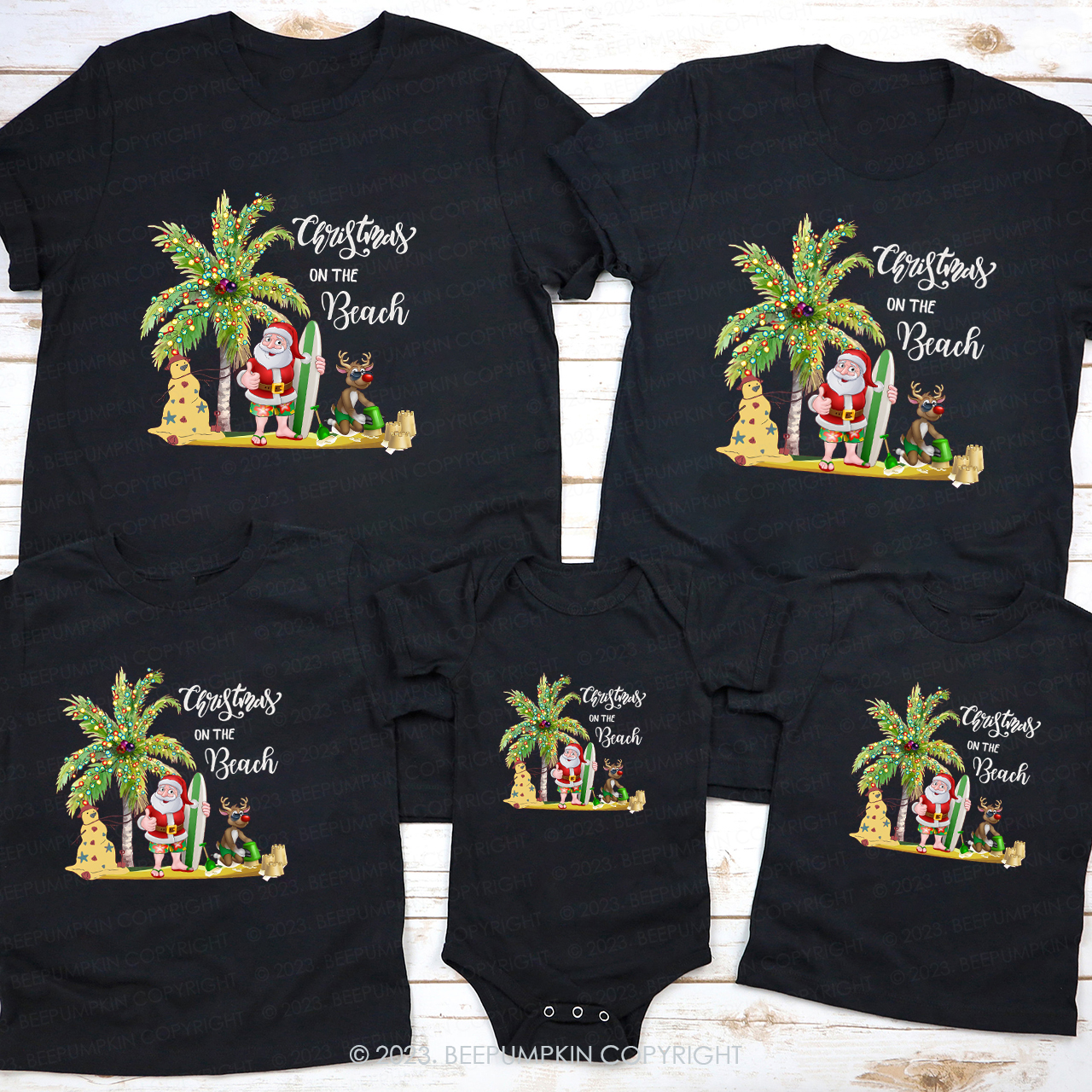 Santa With Elk Christmas On The Beach Matching Shirt