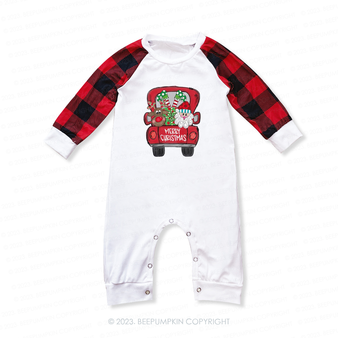 Santa Claus and Elk in Christmas Truck Matching Pajamas