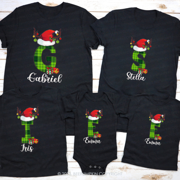 Mysterious Green Monogrammed Family Christmas Matching Shirts
