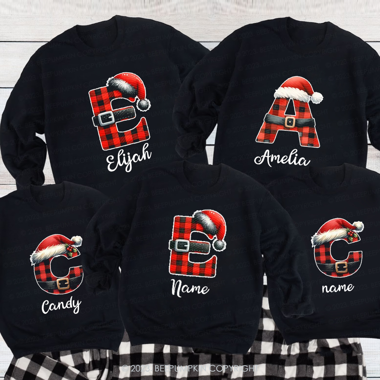 Personalized Reindeer Santa Claus Christmas Plaid Letters Sweatshirts