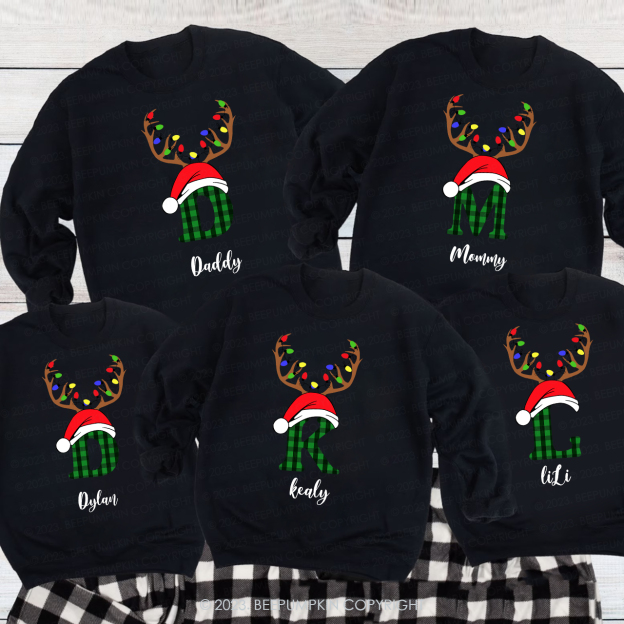 Personalized Antlers Hat Monogrammed Family Christmas Sweatshirts