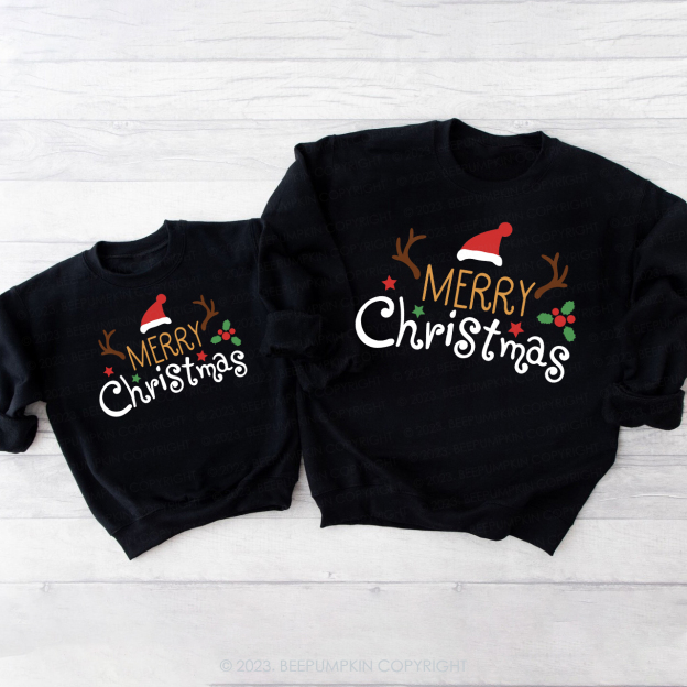 Merry Christmas Santa Hat Reindeer Holiday Sweatshirts