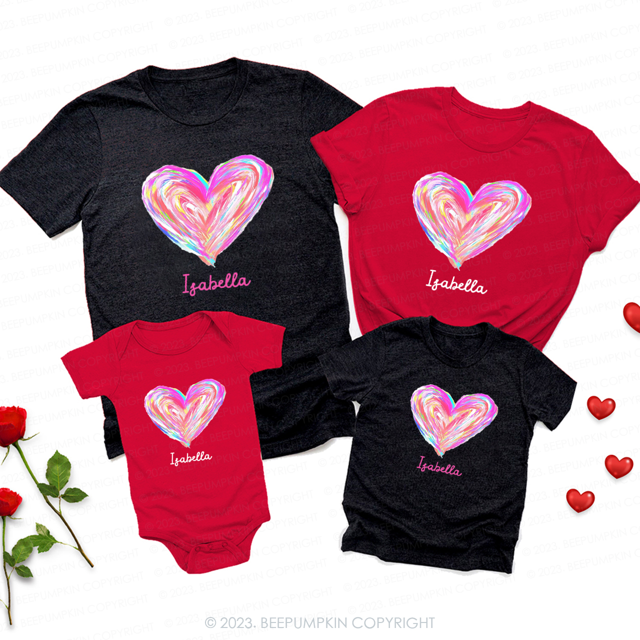 Watercolor Heart with Name Valentine's Day Family Matching Shirts
