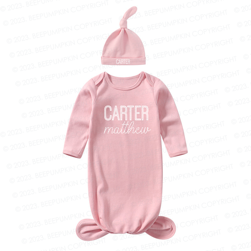 Personalized Gender Neutral Baby Knotted Gown&Hat Coming Home Outfit