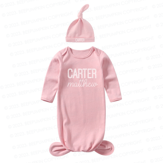 Personalized Gender Neutral Baby Knotted Gown&Hat Coming Home Outfit