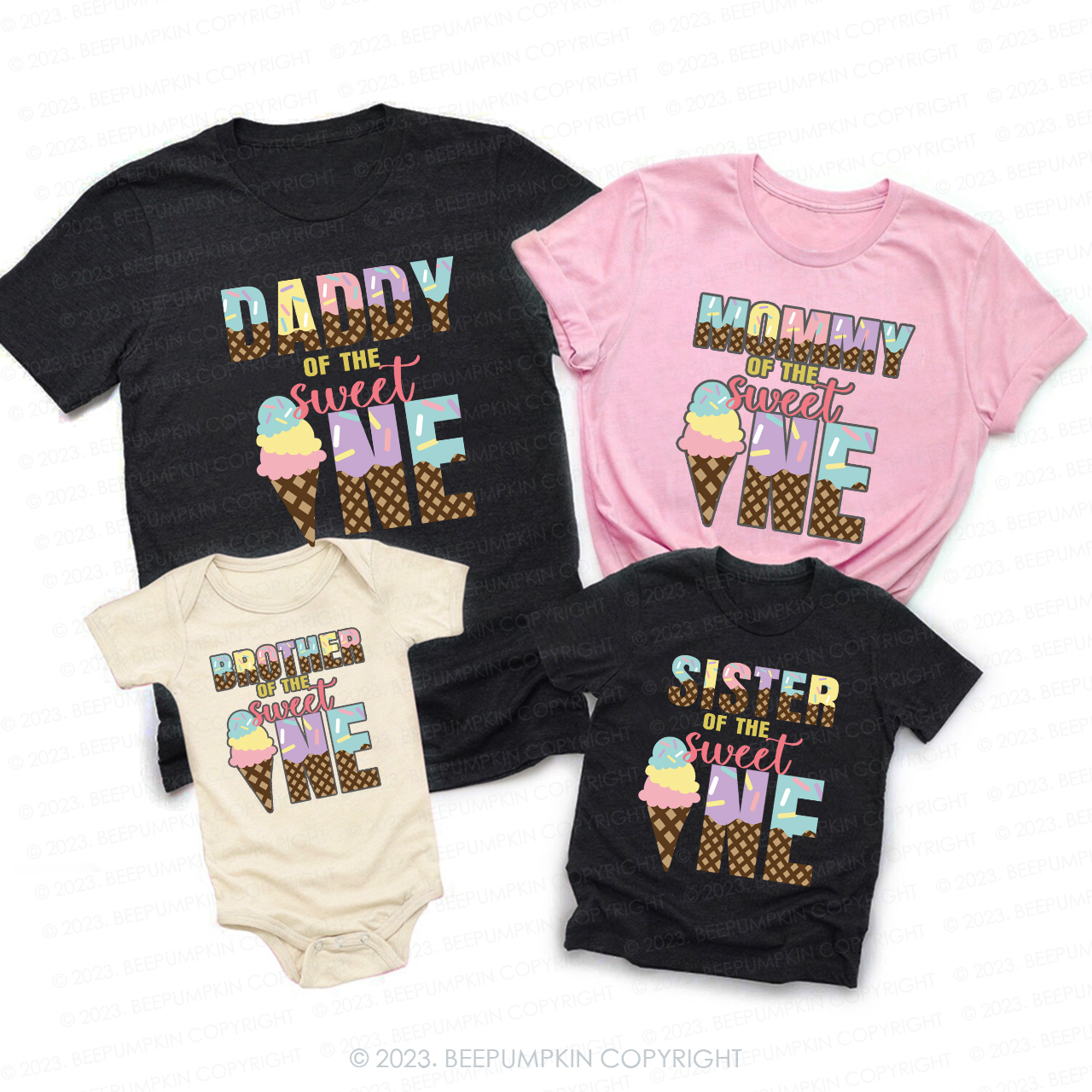 Sweet One Ice Cream Pastel Rainbow Family Matching T-Shirts
