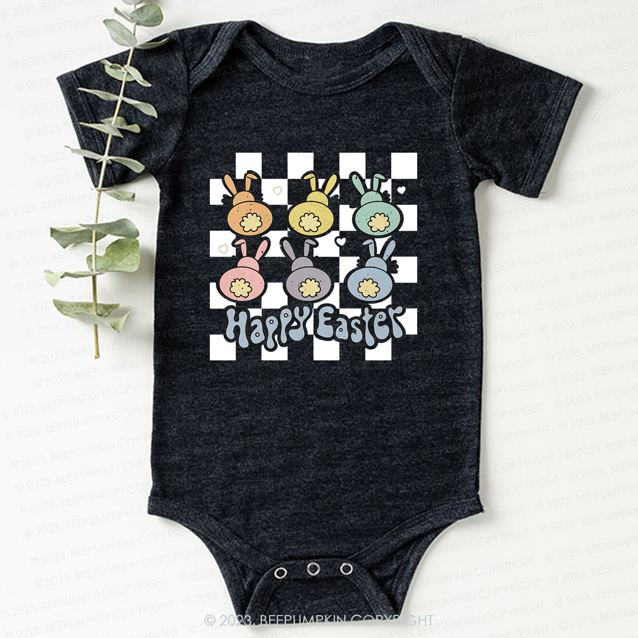 Happy Easter Checkered Bunnies Bodysuit For Baby