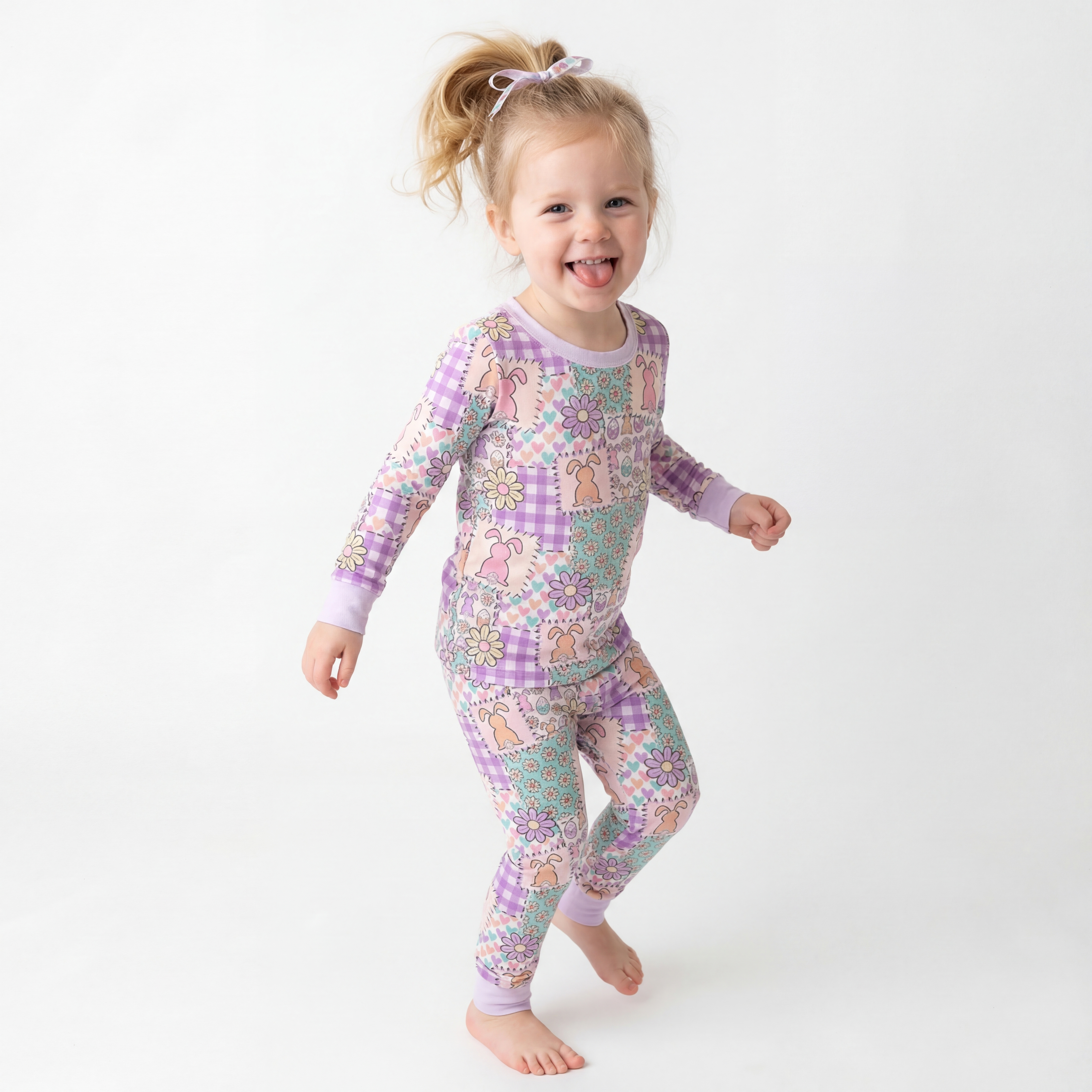 Bunny Floral Patchwork Easter Two-Piece Pajama Set For Kids