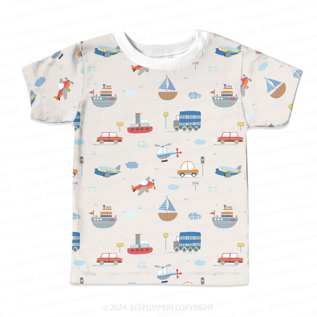 Ships Airplanes And Car All Over Print Kids Tees