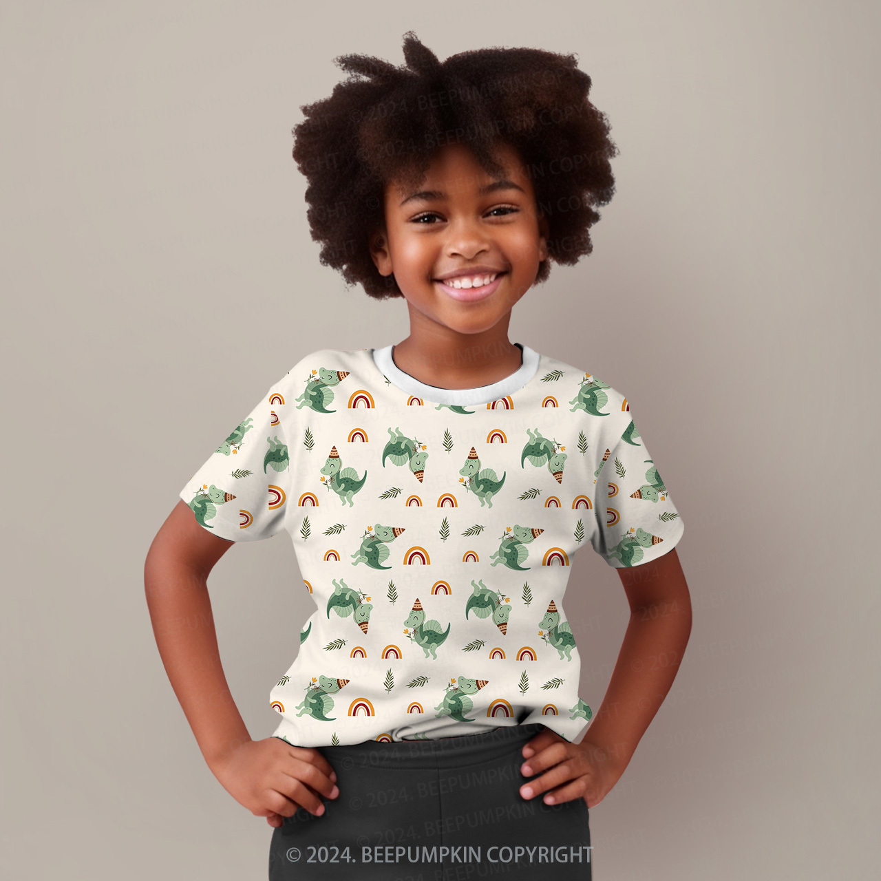 Green Dinosaur And Rainbow All Over Print Kids Tees
