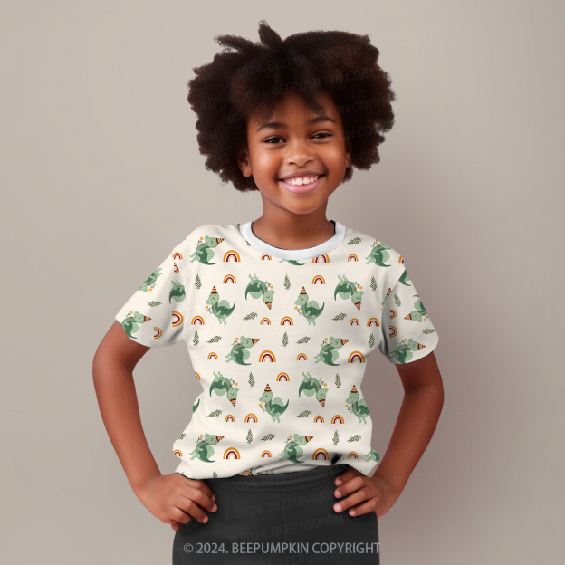 Green Dinosaur And Rainbow All Over Print Kids Tees 