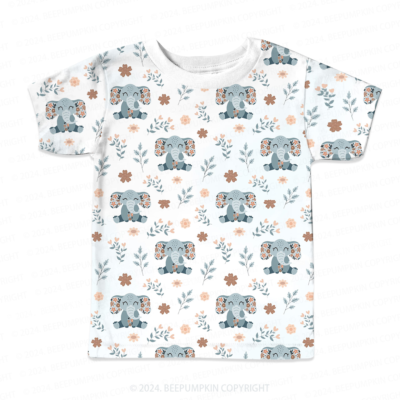 Elephant With Flowers All Over Print Kids Tees
