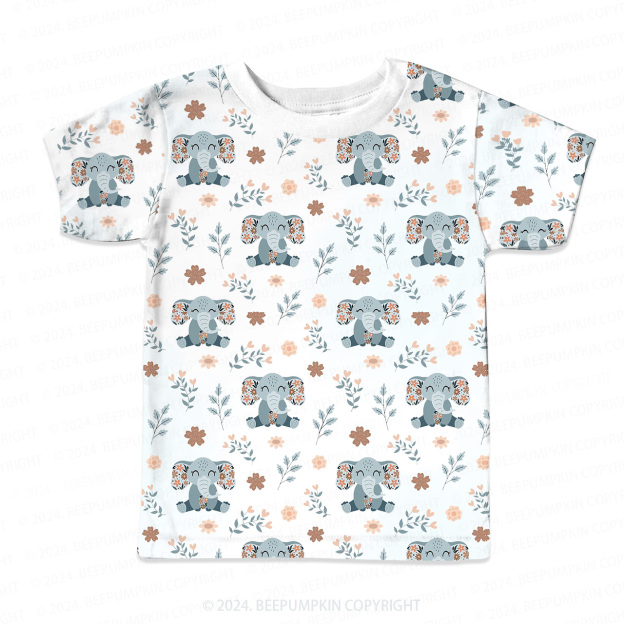 Elephant With Flowers All Over Print Kids Tees