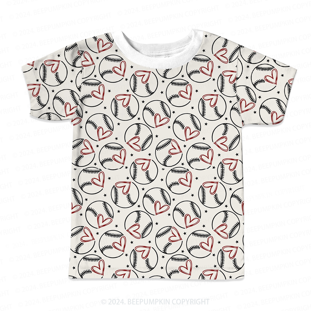 Baseball With Heart All Over Print Kids Tees
