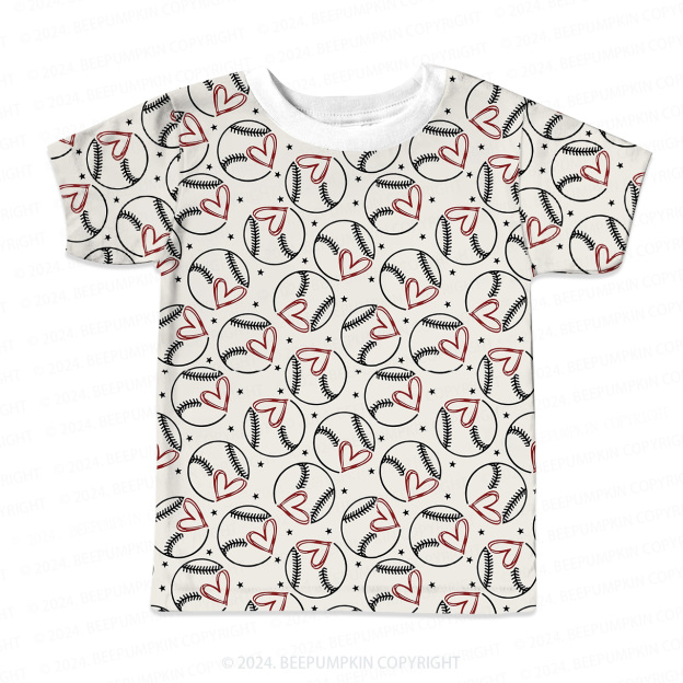 Baseball With Heart All Over Print Kids Tees