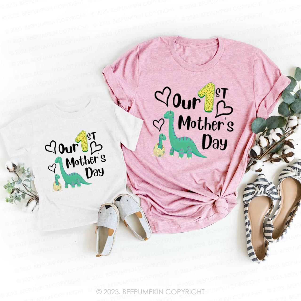 Cute Dinosaur Our First Mother's Day T-Shirts For Mom&Me