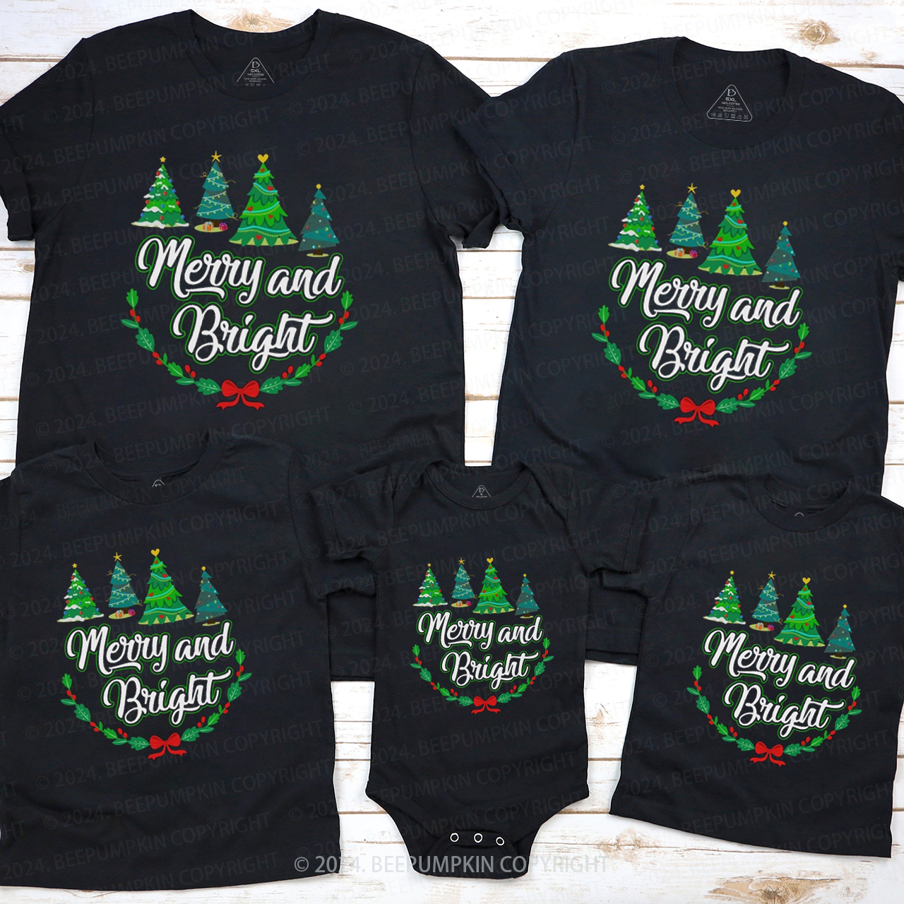 Merry and Bright Christmas Matching T-Shirts Beepumpkin