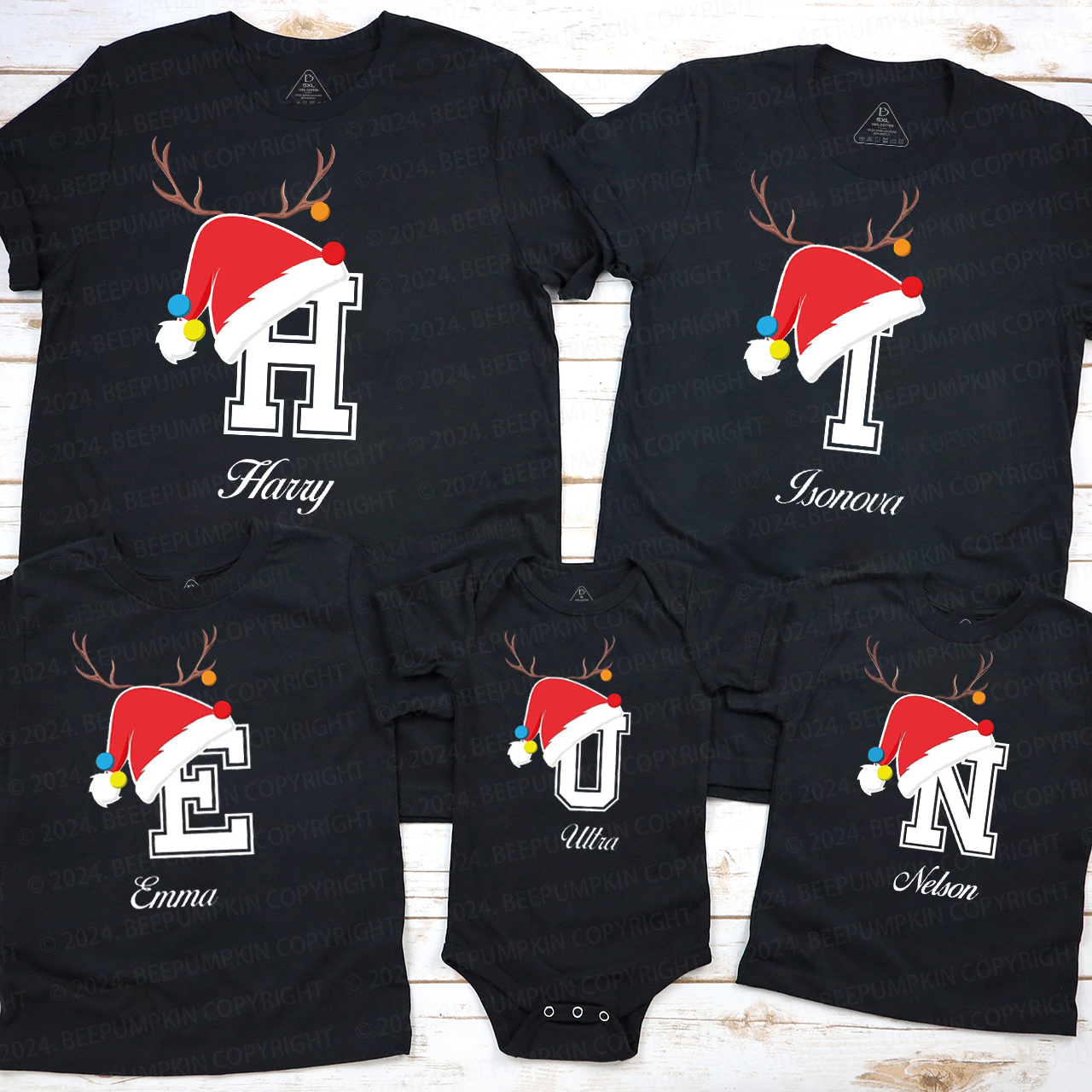 Personalized Christmas Hat Name Initial Family Matching T-Shirts Beepumpkin