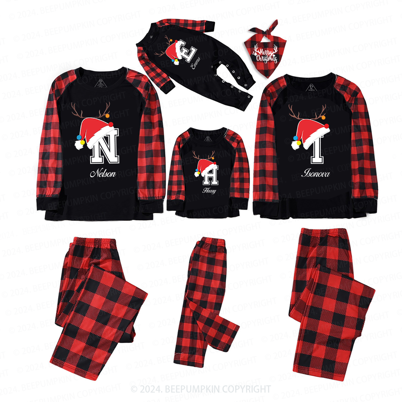 Personalized Christmas Hat Name Initial Family Matching Pajamas Beepumpkin