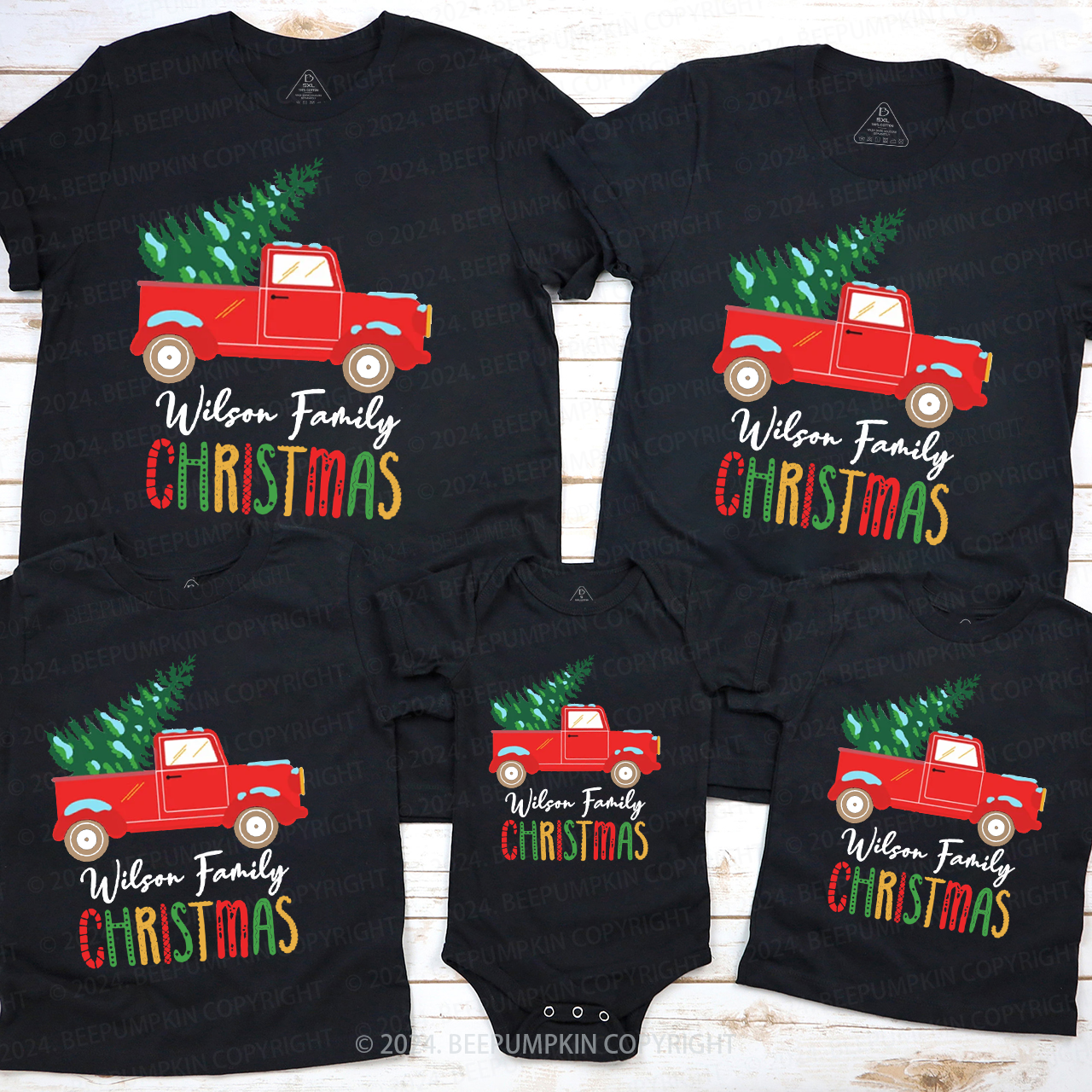 Personalized  Red Truck And Christmas Tree Matching T-Shirts Beepumpkin