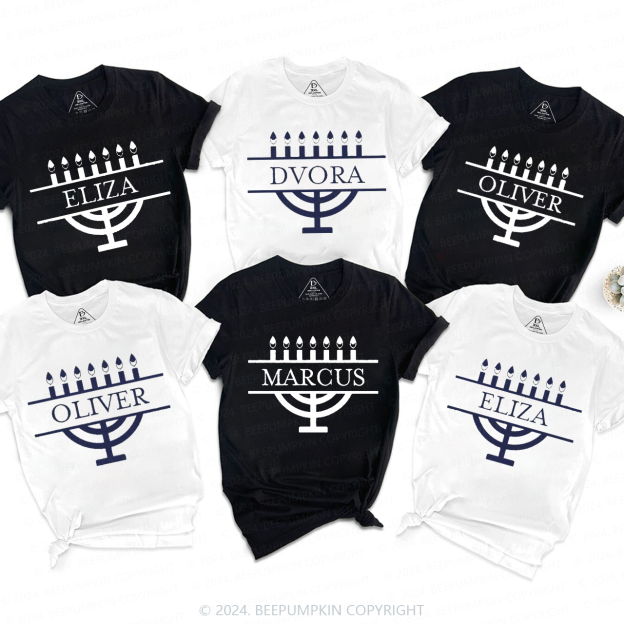 Personalized Menorah Family Hanukkah Family Matching T-Shirts
