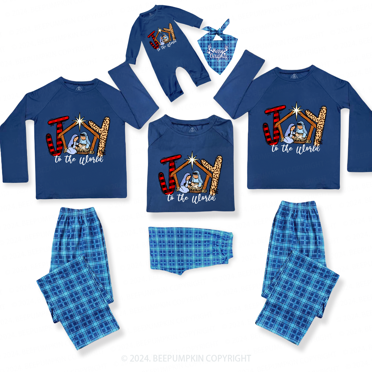 Joy to the World Christmas Family Matching Blue Pajamas Beepumpkin