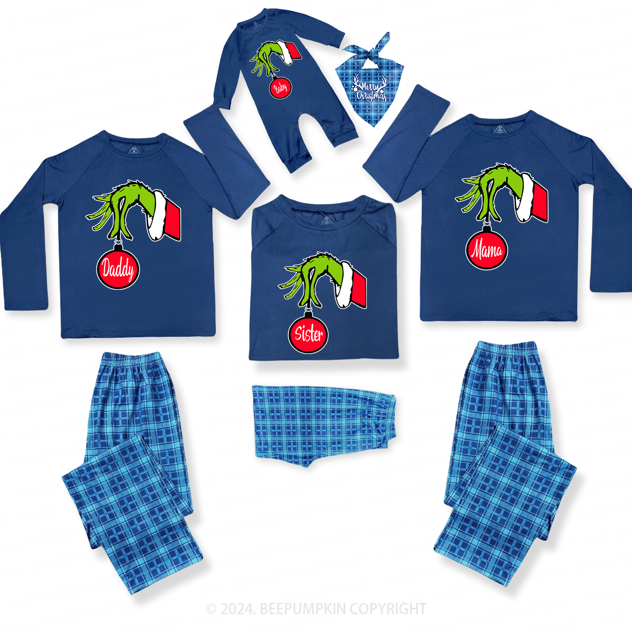 Red Bulb Christmas Family Matching Blue Pajamas Beepumpkin
