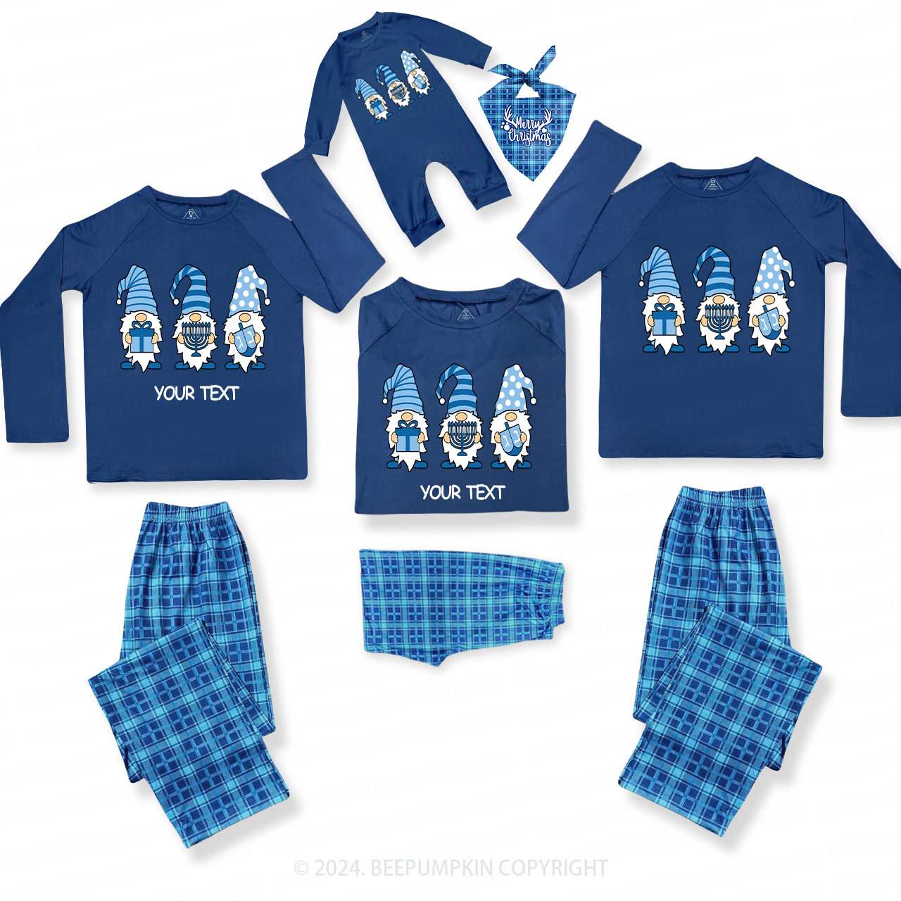 Personalized Hanukkah Gnomes Menorah Family Matching Blue Pajamas Beepumpkin