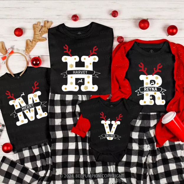 Personalized Antlers And Golden Snowflakes Christmas Matching T-Shirts Beepumpkin