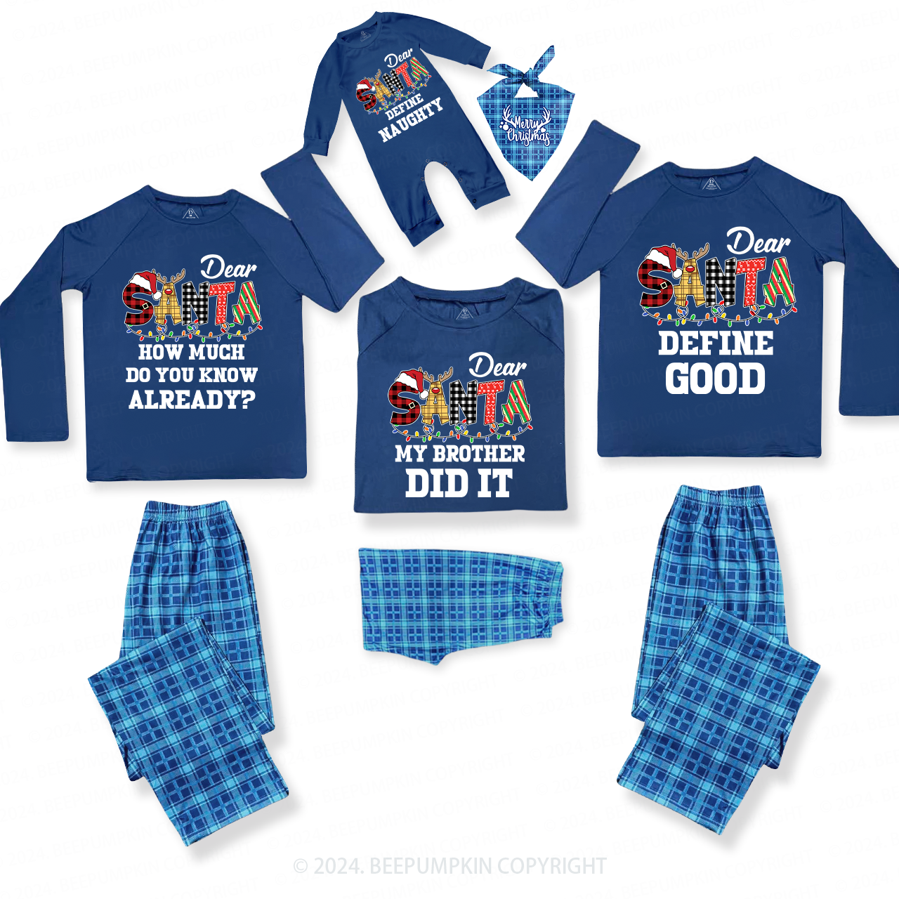 Dear Santa Spelling Design Christmas Family Matching Blue Pajamas Beepumpkin